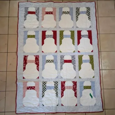 Sale Photo Thumbnail #38: Handcrafted winter quilt featuring a grid of snowman block motifs with colorful scarves and patterned background fabrics.