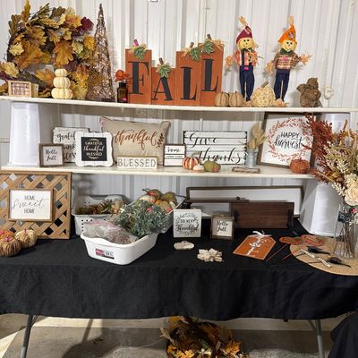 Sale Photo Thumbnail #19: Signs, Shelves, Pumpkins, Floral and decor.

White Bins and Shelves not included.