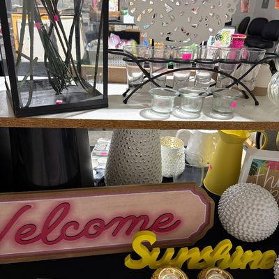 Sale Photo Thumbnail #34: Home Decor, lamps, floral, lanterns, plates & Chargers, Lemon decor and more.

Shelves and Bins not included.
