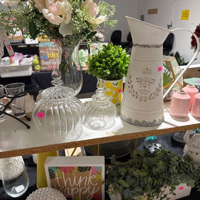 Sale Photo Thumbnail #37: Home Decor, lamps, floral, lanterns, plates & Chargers, Lemon decor and more.

Shelves and Bins not included.