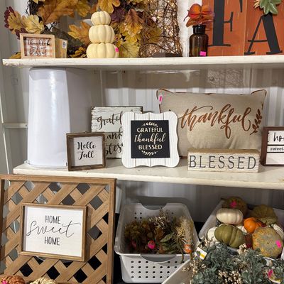 Sale Photo Thumbnail #20: Signs, Shelves, Pumpkins, Floral and decor.

White Bins and Shelves not included.