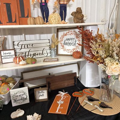 Sale Photo Thumbnail #22: Signs, Shelves, Pumpkins, Floral and decor.

White Bins and Shelves not included.