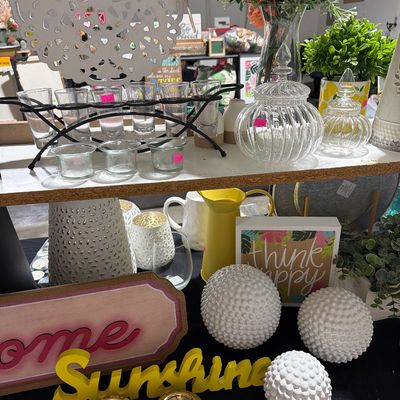 Sale Photo Thumbnail #35: Home Decor, lamps, floral, lanterns, plates & Chargers, Lemon decor and more.

Shelves and Bins not included.
