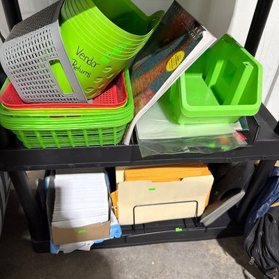 Sale Photo Thumbnail #46: Baskets, fiskars  cutting board, paper, and supplies.
Shelves not included.