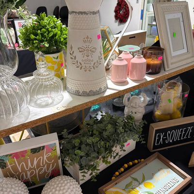 Sale Photo Thumbnail #36: Home Decor, lamps, floral, lanterns, plates & Chargers, Lemon decor and more.

Shelves and Bins not included.