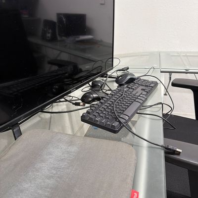 Sale Photo Thumbnail #105: Glass corner desk and three chairs, and Electronics.