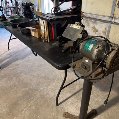 Sale Photo Thumbnail #122: Screw drivers, ban saw, grinder, drill press and more.