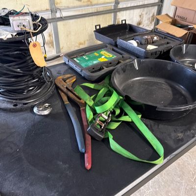 Sale Photo Thumbnail #116: Screw drivers, ban saw, grinder, drill press and more.