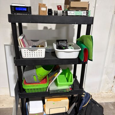 Sale Photo Thumbnail #43: Baskets, fiskars  cutting board, paper, and supplies.
Shelves not included.