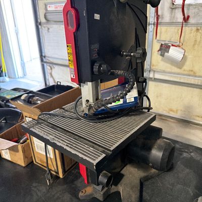 Sale Photo Thumbnail #120: Screw drivers, ban saw, grinder, drill press and more.