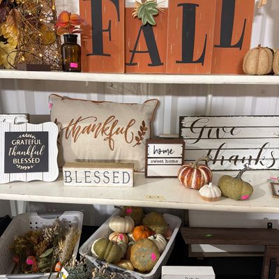 Sale Photo Thumbnail #21: Signs, Shelves, Pumpkins, Floral and decor.

White Bins and Shelves not included.
