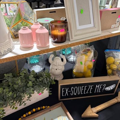 Sale Photo Thumbnail #38: Home Decor, lamps, floral, lanterns, plates & Chargers, Lemon decor and more.

Shelves and Bins not included.