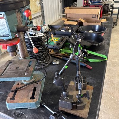 Sale Photo Thumbnail #114: Screw drivers, ban saw, grinder, drill press and more.