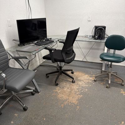 Sale Photo Thumbnail #103: Glass corner desk and three chairs, and Electronics.