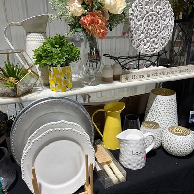 Sale Photo Thumbnail #42: Home Decor, lamps, floral, lanterns, plates & Chargers, Lemon decor and more.

Shelves and Bins not included.