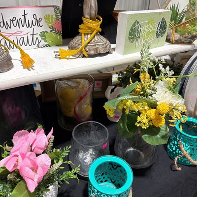 Sale Photo Thumbnail #39: Home Decor, lamps, floral, lanterns, plates & Chargers, Lemon decor and more.

Shelves and Bins not included.