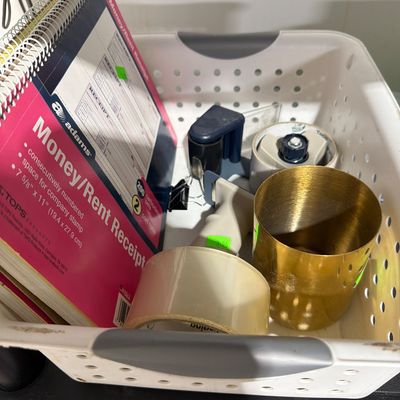 Sale Photo Thumbnail #44: Baskets, fiskars  cutting board, paper, and supplies.
Shelves not included.