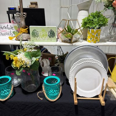 Sale Photo Thumbnail #40: Home Decor, lamps, floral, lanterns, plates & Chargers, Lemon decor and more.

Shelves and Bins not included.