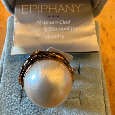 Epiphany platinum-clad silver statement ring featuring a large cabochon faux pearl center, presented in its original jewelry box with...