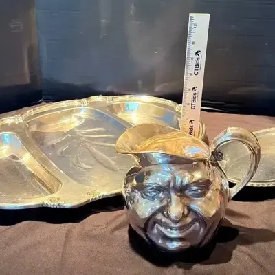 Silver Plate Serveware: Reed & Barton “Sunny Jim” Water Pitcher, Large Platter, Oval Tray