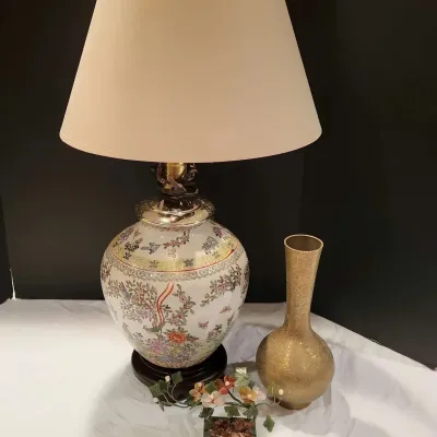 Asian Lamp, Vase & Bonsai Jade Tree