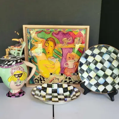 Decorative Teapot, Mackenzie Childs Bowls & Framed Ceramic Tile