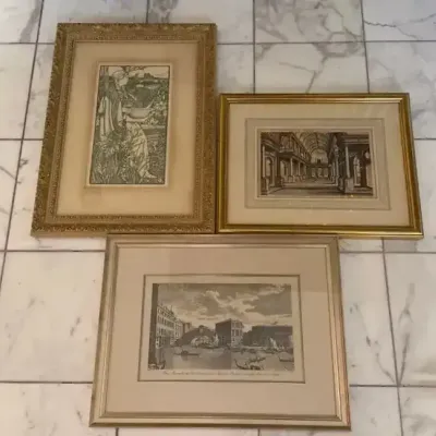 3 Prints in Gilt Frames: Antique-Style Bridge, Woman, Building