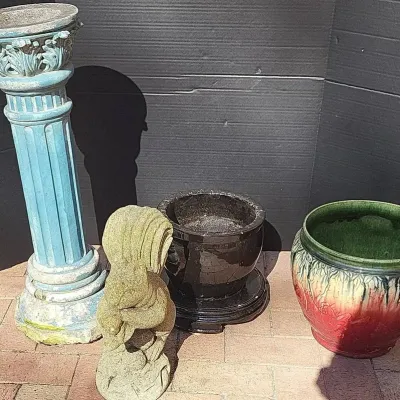 Outdoor: 2 Colorful Ceramic Pots, Cement Squirrel & Blue Pillar