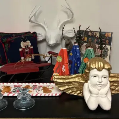 Quality Christmas Decor Inc. Blue Glass Candle holders, Needle Point Pillows etc.
