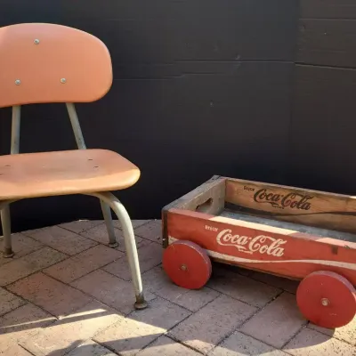 Vintage Children's Wooden Coca-Cola Wagon & Metal Children's Chair