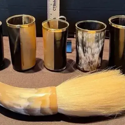 Ox Horn Chinese Calligraphy Brush & 5 Ox Horn Gold-rimmed Tumblers