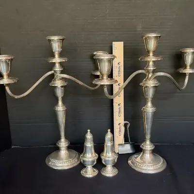 STERLING: Pair Of Gorham Weighted Sterling 3-place Candelabra, Pair Salt & Pepper - 2,296g Total