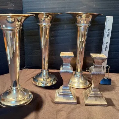 Silverplate: 3 Banana Republic Trumpet Vases, 2 Neiman Marcus Candlesticks 