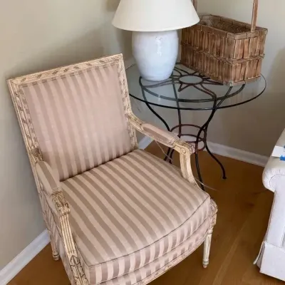 Wrought Iron Bistro Table, Striped Chair & Pottery Barn Lamp, Clock & Basket