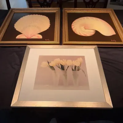 2 Framed Oil Shell Paintings Signed, Signed Tulip Print, Tall Wrought Iron Tree