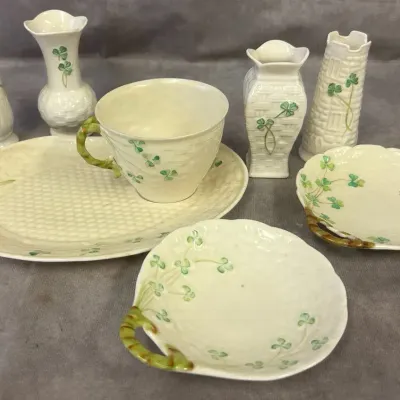 Belleek Irish Porcelain Dishes, Mug, & Small Bud Vases 