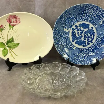Hand Painted Serving Dishes & Crystal Deviled Egg Dish