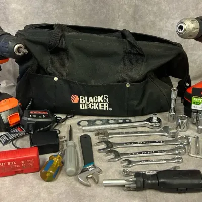 Black & Decker Tool Bag, 2 B&D Drills & Assorted Hand Tools