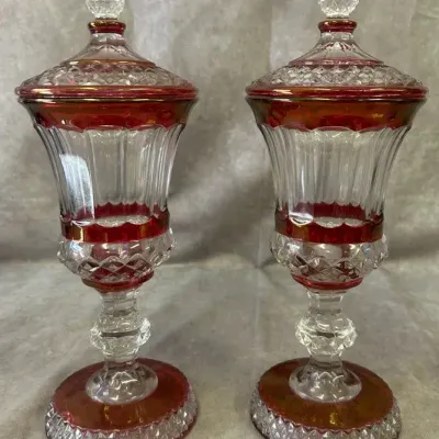 Vintage Westmoreland Glass Cranberry Red Tall Urn Pair