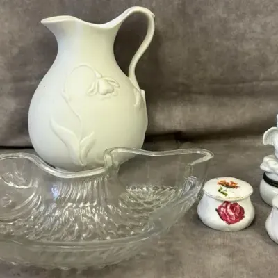 Ceramic Pitcher, Small Trinket Boxes, & Glass Fish Mold