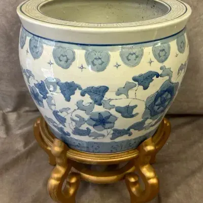 Large Porcelain Hand Painted Planter & Wooden Stand