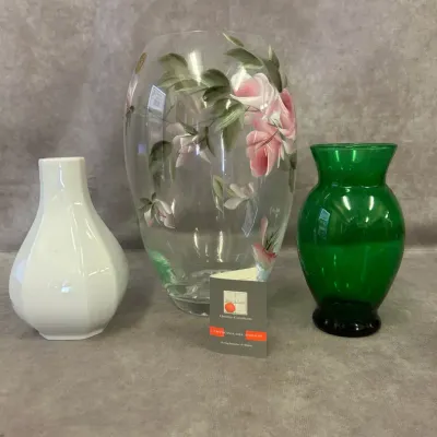 Glass Rose Vase, Green Glass Vase, & Heinrich German Ceramic Vase