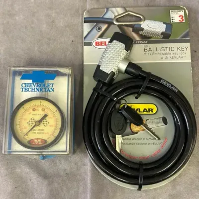 Bell Kevlar New Bike Lock & Vintage Chevrolet Technician Tire Pressure Gauge