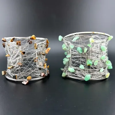 Pair Of Tiger's Eye & Jadeite Wire Mesh Cuff Bracelets