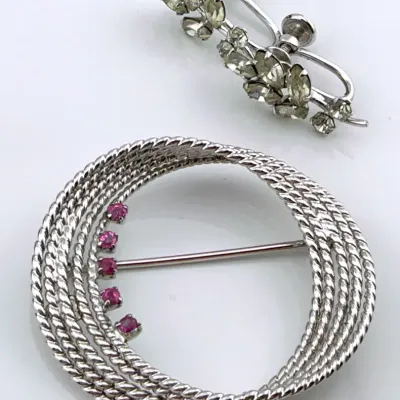 Sterling Silver Vintage Carl Art Twisted Rope Brooch & Crystal Leaf Cluster Earrings