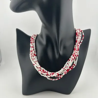 Multi Stranded Red & White Beaded Gold Tone Clasp Necklace