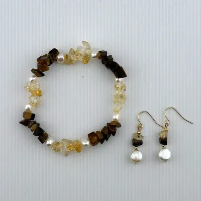 Lee Sands Tiger Eye And Stone Stretch Bracelet & Matching Earrings 