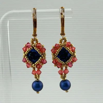 Pink & Blue Bead Gold Tone Dangle Earrings