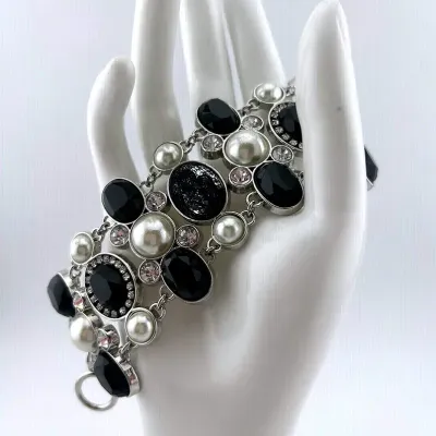 White House Black Market Black & Faux Pearl Silver Tone Bracelet