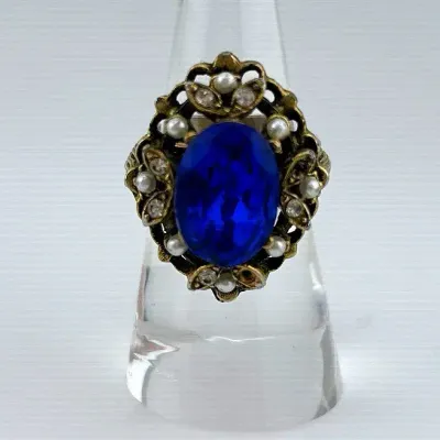 Blue Stone Gold Tone Ornate Statement Ring